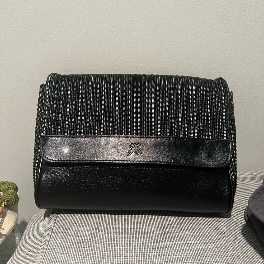 Black leather greyish white mesh crossbody // clutch bag